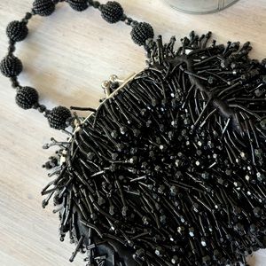 Black Beaded Dress Purse with Silver Clasp.